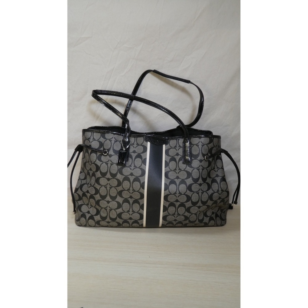 Coach Signature Stripe Carryall Tote F30521 Black Jacquard Canvas - Picture 2 of 5